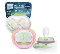 Philips Avent Ultra Air Nighttime Soothers - Orthodontic Design, for Babies 6-18 Months, Glow in The Dark, Soft Silicone Symmetrical Teat, BPA-Free, with Sterilizing Case, 2 Pack, SCF376/29