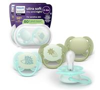 Philips Avent Ultra Soft Day & Night Soothers - Orthodontic Design, for Babies 0-6 Months, Glow in The Dark, Symmetrical Silicone Teat, BPA-Free, Sterilising Cases, 4 Pack, SCF094/09