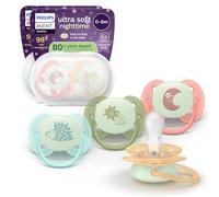 Philips Avent Ultra Soft Nighttime Soothers - Orthodontic Design, for Babies 0-6 Months, Glow in The Dark, Flexible Shield, Symmetrical Silicone Teat, BPA-Free, Sterilising Cases, 4 Pack, SCF094/07
