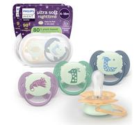 Philips Avent Ultra Soft Nighttime Soothers - Orthodontic Design, for Babies 6-18 Months, Glow in The Dark, Symmetrical Silicone Teat, BPA-Free, Sterilising Cases, 4 Pack, SCF094/08