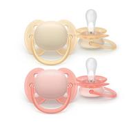 Philips Avent Ultra Soft Soothers - Orthodontic Design, for Babies 0-6 Months, Flexible Shield, Silicone Symmetrical Teat, BPA-Free, with Sterilizing Case, 2 Pack, SCF091/38