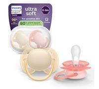 Philips Avent Ultra Soft Soothers - Orthodontic Design, for Babies 0-6 Months, Flexible Shield, Silicone Symmetrical Teat, BPA-Free, with Sterilizing Case, 2 Pack, SCF091/38