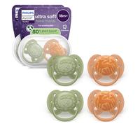 Philips Avent Ultra Soft Soothers - Orthodontic Design, for Babies 18 Months+, Flexible Shield, Extra-Firm Silicone Symmetrical Teat, BPA-Free, with 2 Sterilizing Cases, 4 Pack, SCF093/07