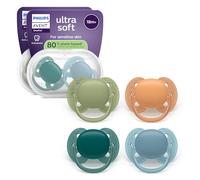 Philips Avent Ultra Soft Soothers - Orthodontic Design, for Babies 18 Months+, Flexible Shield, Extra-Firm Silicone Symmetrical Teat, BPA-Free, with 2 Sterilizing Cases, 4 Pack, SCF093/08