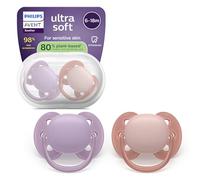Philips Avent Ultra Soft Soothers - Orthodontic Design, for Babies 6-18 Months, Flexible Shield, Silicone Symmetrical Teat, BPA-Free, with Sterilizing Case, 2 Pack, SCF091/43