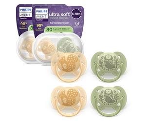 Philips Avent Ultra Soft Soothers - Orthodontic Design, for Babies 6-18 Months, Flexible Shield, Silicone Symmetrical Teat, BPA-Free, 2 Sterilizing Cases, 4 Pack, SCF091/52