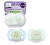 Philips Avent Ultra Start Nighttime Soothers - Orthodontic Design, for Newborns, Glow in The Dark, Soft Silicone Symmetrical Teat, BPA-Free, with Sterilizing Case, 2 Pack, SCF075/18