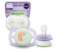 Philips Avent Ultra Start Nighttime Soothers - Orthodontic Design, for Newborns, Glow in The Dark, Soft Silicone Symmetrical Teat, BPA-Free, with Sterilizing Case, 2 Pack, SCF075/17