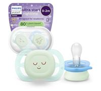 Philips Avent Ultra Start Nighttime Soothers - Orthodontic Design, for Newborns, Glow in The Dark, Soft Silicone Symmetrical Teat, BPA-Free, with Sterilizing Case, 2 Pack, SCF075/18