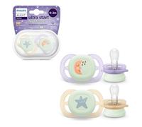 Philips Avent Ultra Start Nighttime Soothers, Orthodontic Dummies Designed for Newborns, Glow in The Dark, Silicone Symmetrical Teat, BPA Free, with Sterilising/Carrying Case, 2 Pack, Model SCF075/07