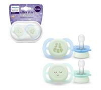 Philips Avent Ultra Start Nighttime Soothers, Orthodontic Dummies Designed for Newborns, Glow in The Dark, Silicone Symmetrical Teat, BPA Free, with Sterilising/Carrying Case, 2 Pack, Model SCF075/08