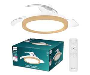 PHILIPS Bliss Ceiling Fan Light, Retractable Blades, LED Light, Wood | 3 Blades, 106cm Blade Wingspan, 4500lm, 3000-6500K Cool to Warm White Light, Dimmable, Remote Control Included, 6 Fan Speeds