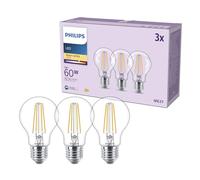 Philips Classic A60 LED Bulb, 60 W, Clear, E27 Socket, Warm White 2700 K, 3 Pack