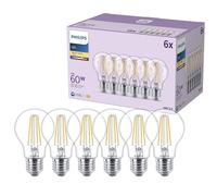 Philips Classic A60 LED Bulb, 60 W, Clear, E27 Socket, Warm White 2700 K, 6 Pack
