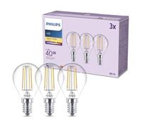 Philips Classic P45 LED Bulb, 40 W, Clear, E14 Socket, Warm White 2700 K, 3 Pack