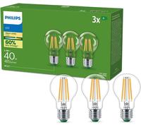 PHILIPS Classic Ultra-Efficient E27 LED Bulb, 40W, Warm White, Clear, 3-Pack