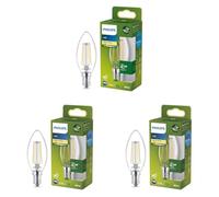 Philips Classic Ultra-efficient LED Bulb with Energy Efficiency Class A, E14 Base, Replaces 40W, Clear, Warm White Light, Candle Shape, Pack of 3