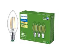 Philips Classic Ultra-efficient LED Bulb with Energy Efficiency Class A, E14 Base, Replaces 40W, Clear, Warm White Light, Candle Shape, Pack of 3