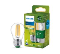 Philips Classic ultra-efficient LED bulb with energy efficiency class A, E27 base, replaces 40W, clear, warm white light, teardrop shape