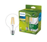 Philips Classic ultra-efficient LED bulb with energy efficiency class A, E27 base, replaces 60W, clear, warm white light, globe shape