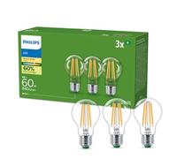 Philips Clear Ultra-Efficient Filament LED Bulb (3 Pack), E27, 4W Equivalent to 60W, Warm White Light 2700K, Energy Efficiency A