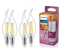 Philips Flame Tip LED Candle Light Bulbs, Dimmable, E14, 2.5W, 340 Lumens, 25W Equivalent, Clear, Warm Glow 2200-2700K - 4 Pack