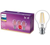 Philips GLS Clear Filament LED Light Bulbs, B22, 7W, 806 Lumens, 60W Equivalent, Warm White 2700K - 3 Pack