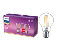 Philips GLS Clear Filament LED Light Bulbs, B22, 7W, 806 Lumens, 60W Equivalent, Warm White 2700K - 3 Pack