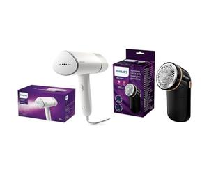 Philips Handheld Steamer 3000 Series, Compact and Foldable, 1000W, up to 20g/min, STH3020/16, White & Philips Fabric Shaver, quick and effective removal of pills and bobbles,Black - GC026/80