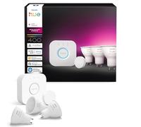 Philips Hue Bridge + Smart Button + GU10 Spotlight Bulbs, 3 Pack, White | Hue Starter Kit, White and Colour Ambiance Light, Smart LED, 16 Million Colours, Dimmable, Bluetooth App Control, Smart Home