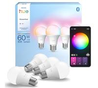 Philips Hue Essential A60 Smart LED Bulb, E27, 4 Pack | White and Color Ambiance Light, Smart LED, 8W, 2200K-6500K, 806 Lumens, Dimmable, B22 Bulb, Bluetooth App Control, Smart Home