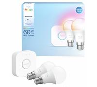 Philips Hue Essential Starter Kit: Bridge + 2 Essential B22 Smart Bulbs, White and Color Ambiance, 2200K-6500K, Dimmable, Works with Alexa, Google Assistant, Samsung SmartThings, Apple Home