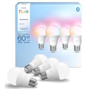 Philips Hue Essential Smart LED A60 Bulb, White and Color Ambiance, E27 Base, 8W, 2200K-6500K, 806 Lumens, Dimmable, Works with Alexa, Google Assistant, and Apple Home, 4 Pack