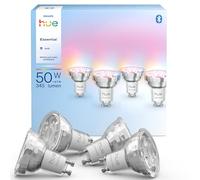 Philips Hue Essential Smart LED GU10 Spotlight Bulb, White and Color Ambiance, 4.7W, 2200K-6500K, 345 Lumens, Dimmable, Works with Alexa, Google Assistant, and Apple Home, 4 Pack