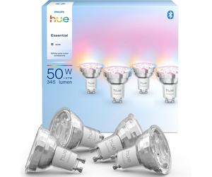 Philips Hue Essential Smart LED GU10 Spotlight Bulb - White & Colour Ambiance, 4.7W, 345 Lumens, Dimmable - 4 Pack