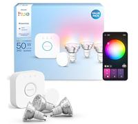 Philips Hue Essential Starter Kit: Bridge + 3 Essential GU10 Smart Bulbs + Smart Button, White and Color Ambiance, 2200K-6500K, Dimmable, Alexa, Google Assistant, Samsung SmartThings, Apple Home