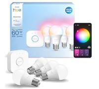Philips Hue Essential Starter Kit: Bridge + 4 Essential E27 Smart Bulbs, White and Color Ambiance, 2200K-6500K, Dimmable, Works with Alexa, Google Assistant, Samsung SmartThings, Apple Home
