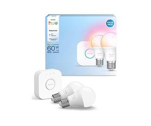 Philips Hue Hue Essentials Colour A60 E27 2-Pack And Bridge One Colour