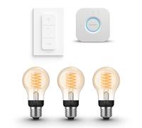 Philips Hue Starter Kit - E27 - with 3 Filament Standard Bulbs (A60) - Warm White Light - Includes Hue Bridge - Hue Dimmer Switch - Hue White Filament