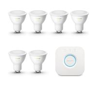 Philips Hue Starter Kit - GU10 - with 6 Spotlight Bulbs - Warm to Cool White Light - Includes Hue Bridge - Hue White Ambiance