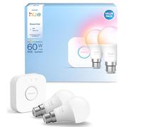 Philips Hue Starter Kit: Hue Bridge + 2 Essential B22 Bulbs, White | White and Colour Ambience, Smart LED, 2200K-6500K, Dimmable, Bluetooth App and Voice Control, Smart Home