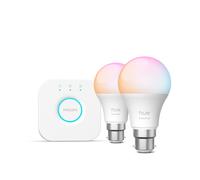Philips Hue Essential Starter Kit: Bridge + 2 Essential B22 Smart Bulbs, White and Color Ambiance, 2200K-6500K, Dimmable, Works with Alexa, Google Assistant, Samsung SmartThings, Apple Home