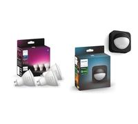 Philips Hue White & Colour Ambiance Smart Spotlight 3 Pack LED [GU10 Spotlight] - 350 Lumens & Outdoor Motion Sensor. Smart Lighting Accessory for Outdoor Light Control. Patio, Terrace, Garden.
