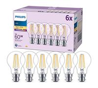 PHILIPS LED Classic A60 Light Bulb 6 Pack [Warm White 2700K - B22 Bayonet Cap] 60W, Non Dimmable, for Home Indoor Lighting