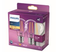 Philips LED Classic A60 Light Bulb Set of 2 [E27 Edison Screw] 7W = 60W Equivalent, Warm White (2700K), Non Dimmable