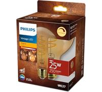 Philips LED Classic E27 Vintage Lamp, 25 W, Vintage Decorative Lamp, Globe Shape, Dimmable, Clear, Gold, Flame