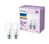 Philips LED Frosted A60 Light Bulb 2 Pack [Warm White 2700K - E27 Edison Screw] 60W, Non Dimmable. for Home Indoor Lighting, Value Range