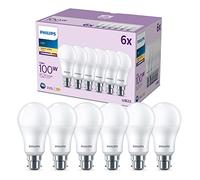 Philips LED Frosted A60 Light Bulb 6 Pack [Warm White 2700K - B22 Bayonet Cap] 100W, Non Dimmable. for Home Indoor Lighting, Value Range