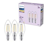 Philips LED Light Bulb, 3 Pack, B35, E14, 470 Lumens, 40W, Candle Design, Long Lifetime, Warm White Light 2700K, Clear Bulb