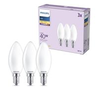 Philips LED Light Bulb, 3 Pack, B35, E14, 470 Lumens, 40W, Candle Design, Long Lifetime, Warm White Light 2700K, Frosted Bulb